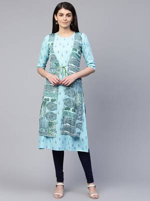 Sky-blue printed viscose rayon ethnic-kurtis 1