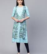 Sky-blue printed viscose rayon ethnic-kurtis