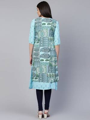 Sky-blue printed viscose rayon ethnic-kurtis 2