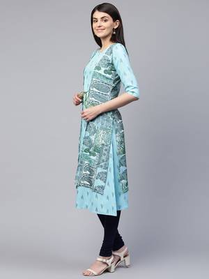 Sky-blue printed viscose rayon ethnic-kurtis 3