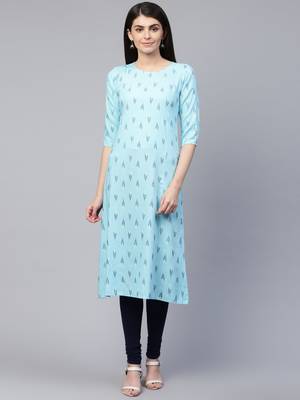Sky-blue printed viscose rayon ethnic-kurtis 4