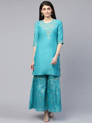 Turquoise embroidered chanderi ethnic-kurtis 1