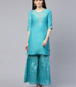 Turquoise embroidered chanderi ethnic-kurtis