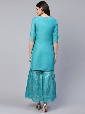 Turquoise embroidered chanderi ethnic-kurtis 2