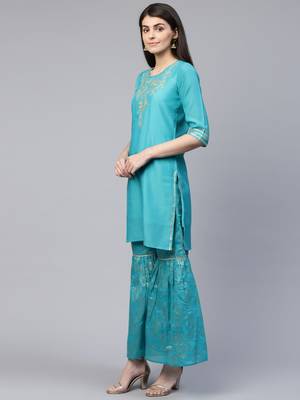 Turquoise embroidered chanderi ethnic-kurtis 3