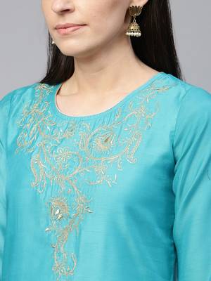 Turquoise embroidered chanderi ethnic-kurtis 5