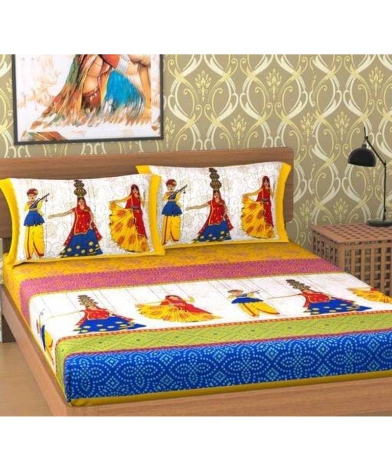 printed multicoloured double jaipuri bed sheets with pillow cover