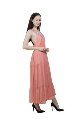 Peach embroidered georgette long-dresses 3