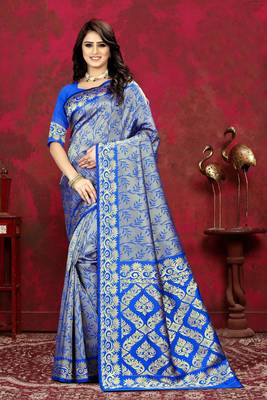 Royal blue woven Art Silk Saree with blouse 5