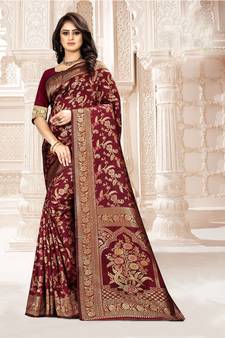 Maroon woven Art Silk Saree with blouse