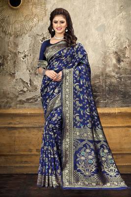 Navy blue woven Art Silk Saree with blouse 4