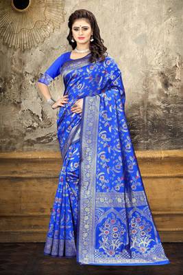 Royal blue woven Art Silk Saree with blouse 2