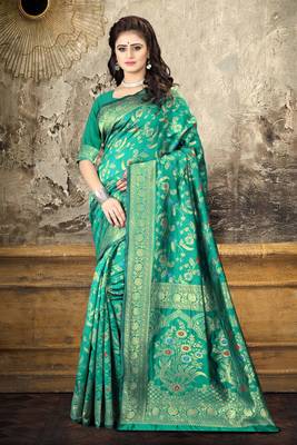 Sea green woven Art Silk Saree with blouse 3