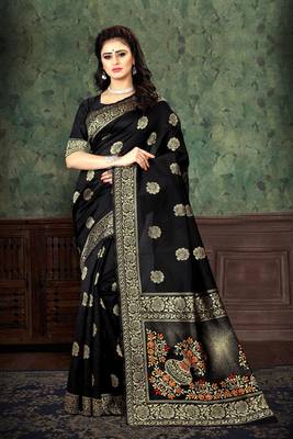 Black woven banarasi silk saree with blouse 2