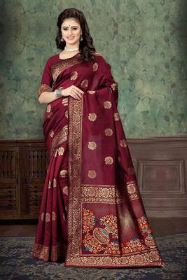 Maroon woven Art Silk Saree with blouse 3