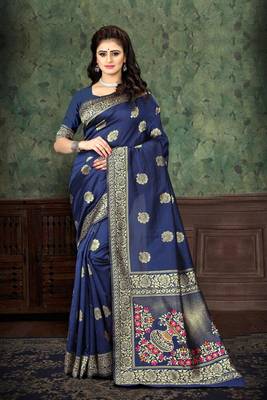Navy blue woven Art Silk Saree with blouse 5