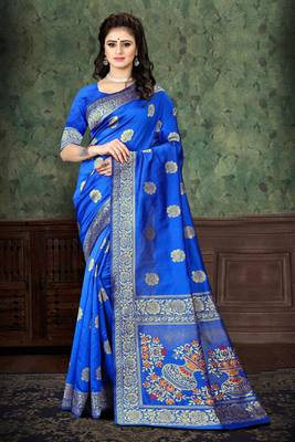 Royal blue woven Art Silk Saree with blouse 4