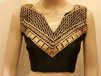 Black dupion silk front and back zari embroidered blouse 1
