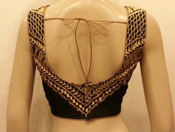 Black dupion silk front and back zari embroidered blouse 2