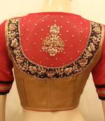 Gold and red georgette sleeves handwork