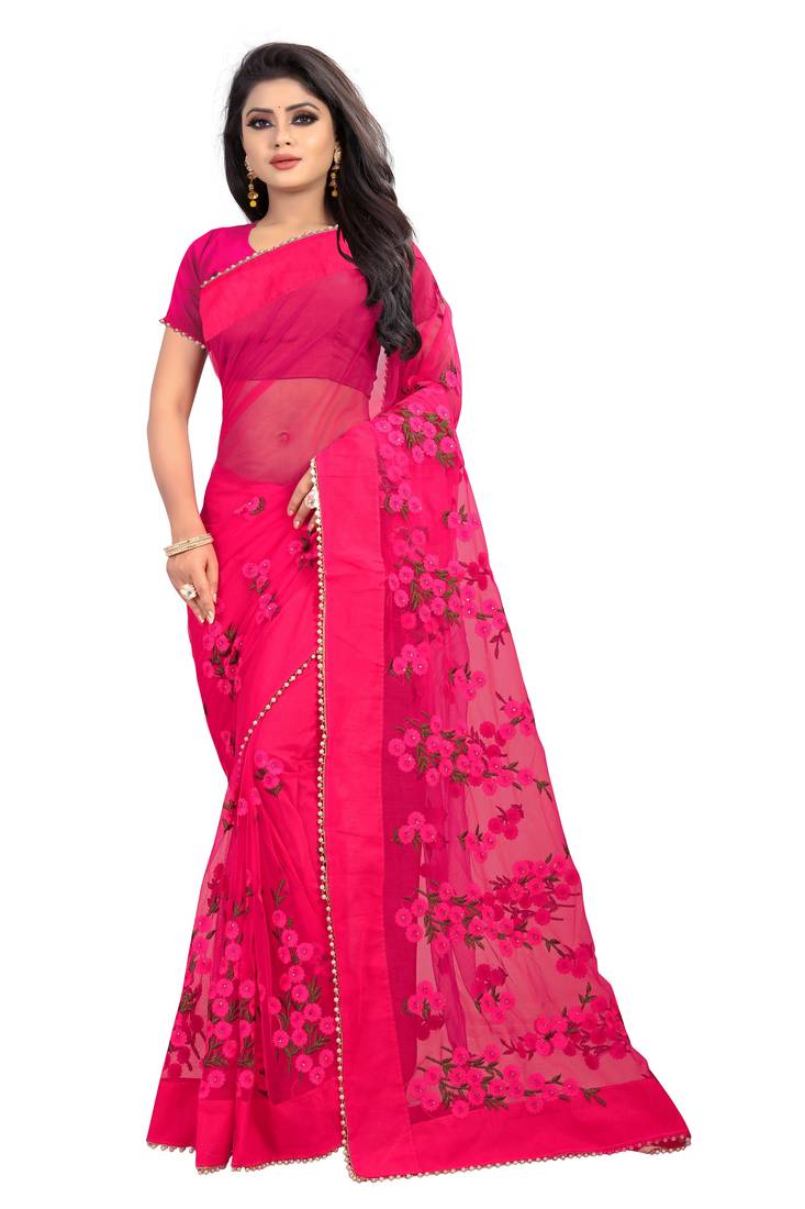 Light pink embroidered net saree with blouse