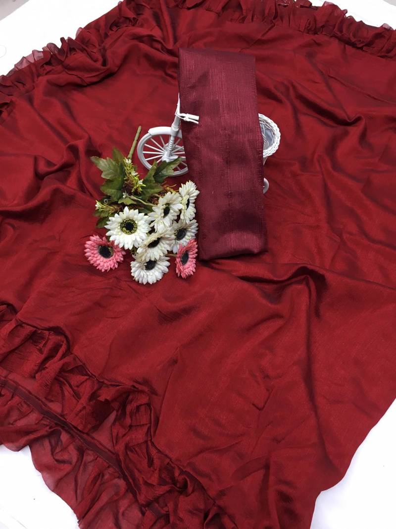 Designer Ruffel Saree With Exclusive Clothes Party Wear Saree Vichitra Silk Saree 