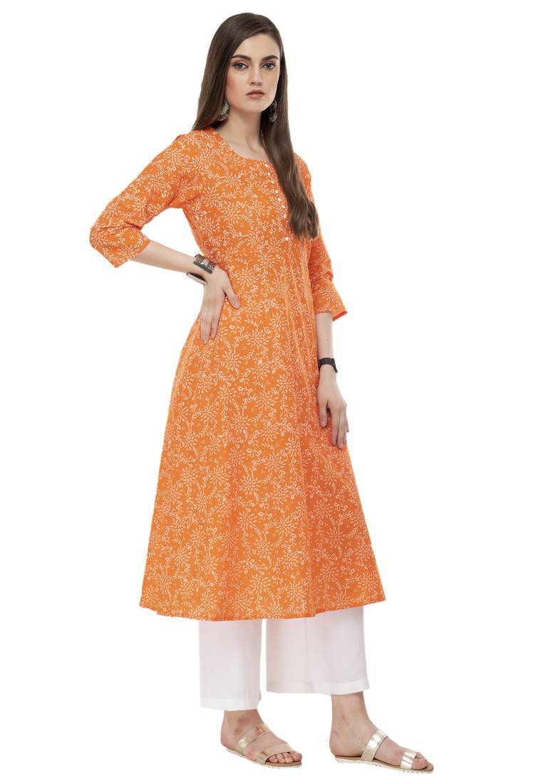 RISHAGA Orange printed cotton party-wear-kurtis