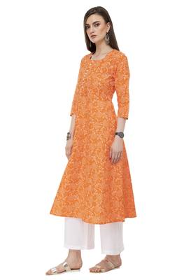 RISHAGA Orange printed cotton party-wear-kurtis 3