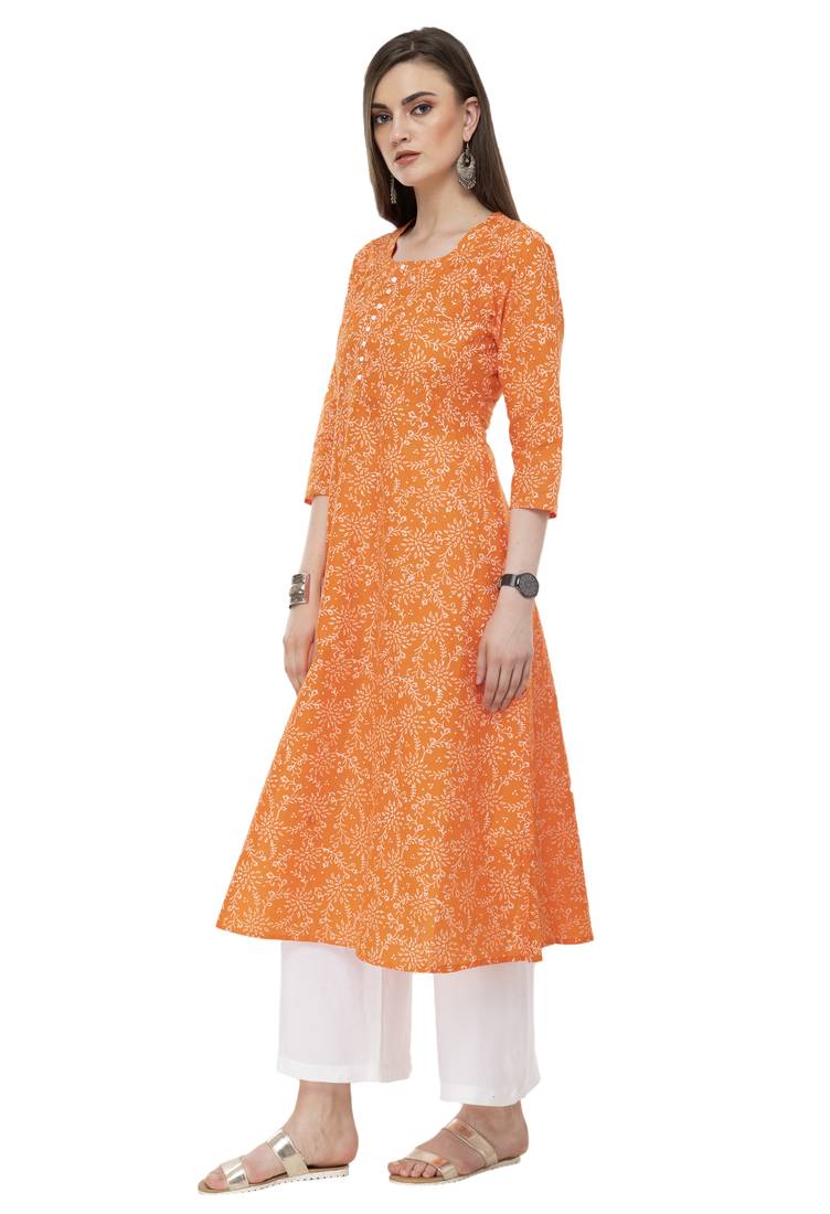 RISHAGA Orange printed cotton party-wear-kurtis