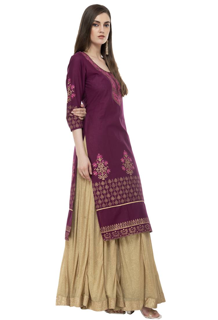 RISHAGA Plum printed cotton party-wear-kurtis