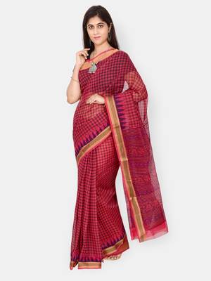 Pink printed blended cotton saree with blouse 1