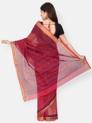 Pink printed blended cotton saree with blouse 2