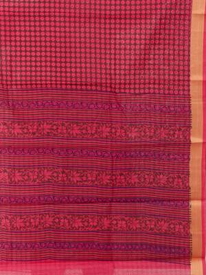 Pink printed blended cotton saree with blouse 4