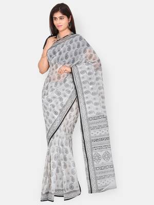 White printed blended cotton saree with blouse 1