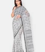 White printed blended cotton saree with blouse