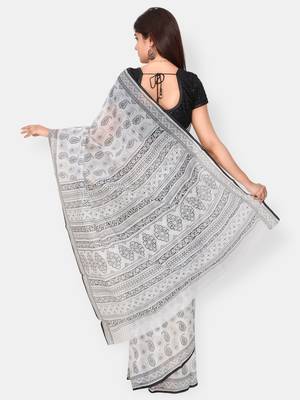 White printed blended cotton saree with blouse 2