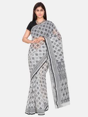 White printed blended cotton saree with blouse 1