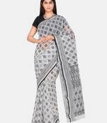 White printed blended cotton saree with blouse