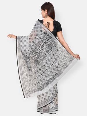 White printed blended cotton saree with blouse 2