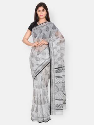 White printed blended cotton saree with blouse 1