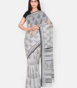 White printed blended cotton saree with blouse