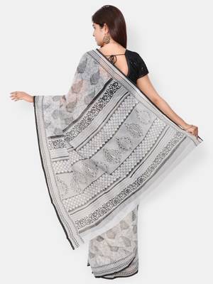 White printed blended cotton saree with blouse 2