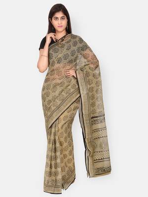 Brown printed blended cotton saree with blouse 1
