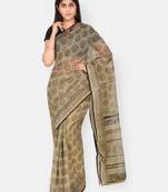 Brown printed blended cotton saree with blouse