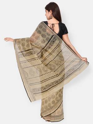 Brown printed blended cotton saree with blouse 2