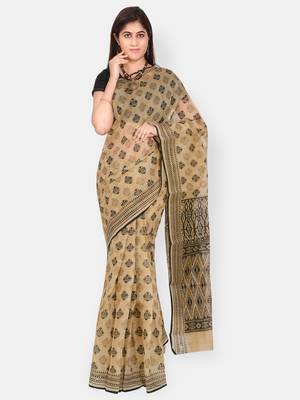 Brown printed blended cotton saree with blouse 1