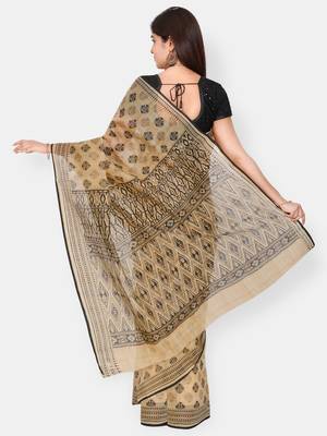 Brown printed blended cotton saree with blouse 2