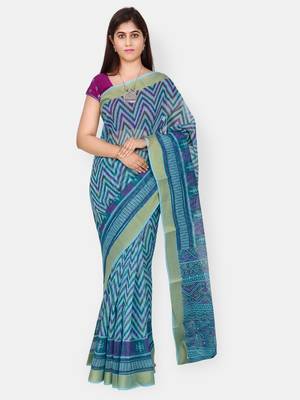 Blue printed blended cotton saree with blouse 1