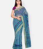 Blue printed blended cotton saree with blouse