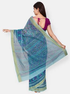 Blue printed blended cotton saree with blouse 2